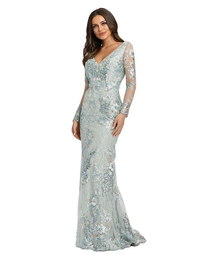 

Женское украшенное платье с V-образным вырезом и длинными рукавами Mac Duggal, синий