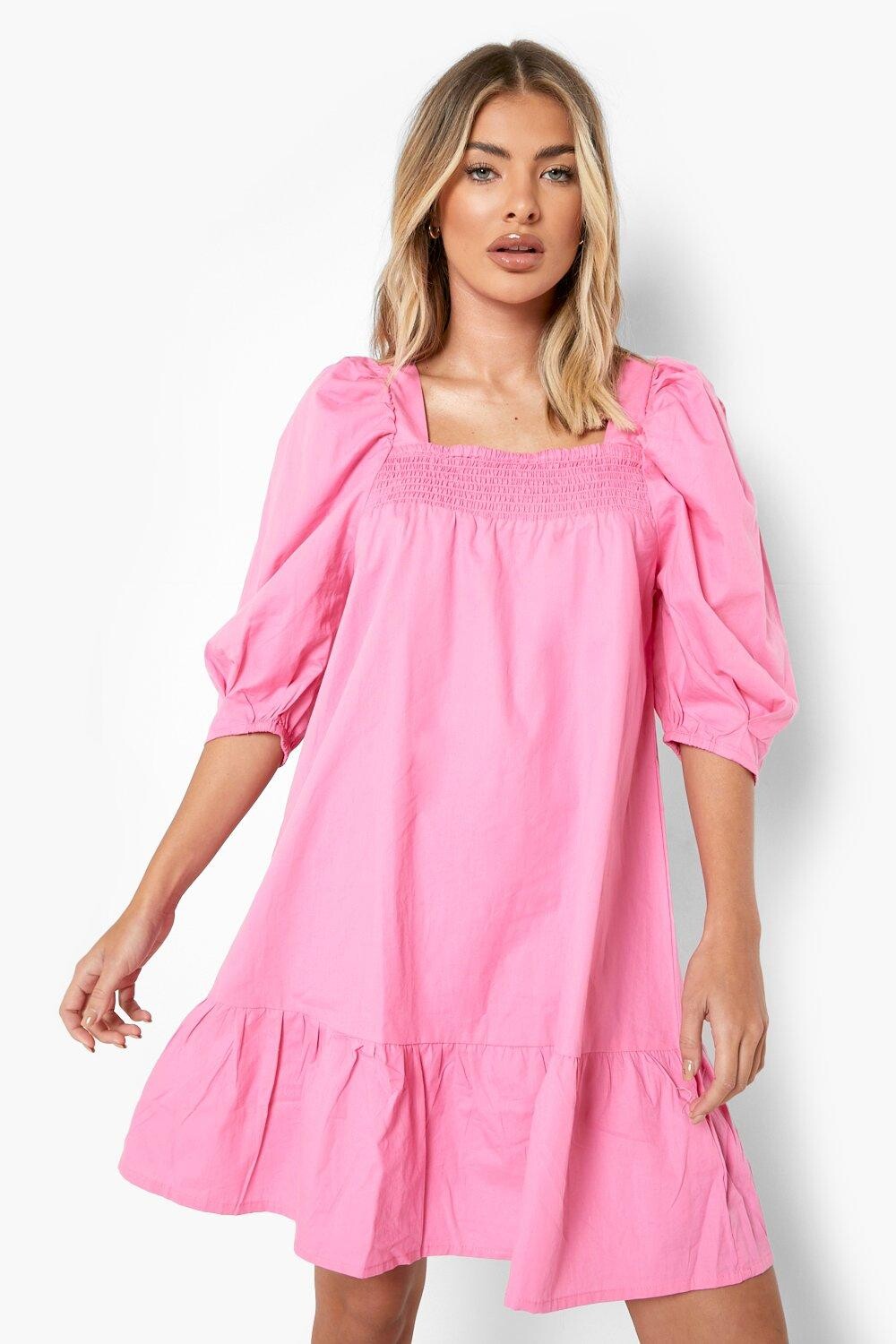 

Платье из хлопкового платья с заклоненным ном и рукавами Boohoo, розовый