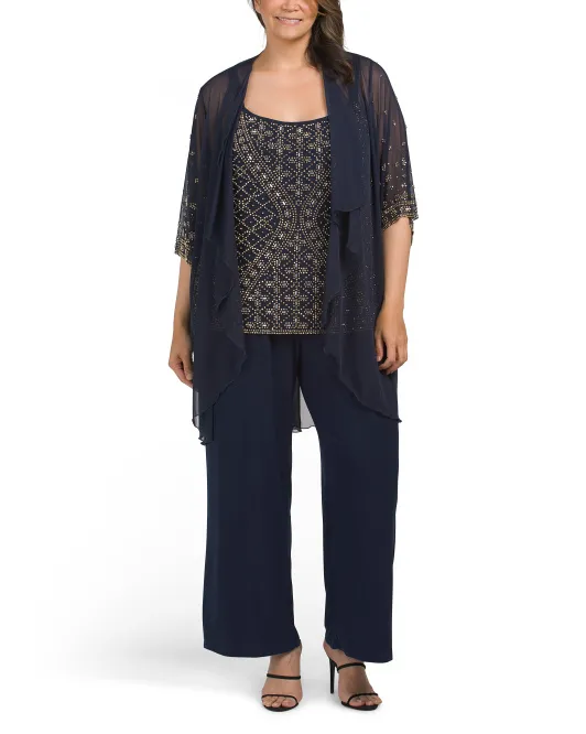 

Плюс комплект из топа и брюк из бисера из 3 предметов Marina, темно-синий