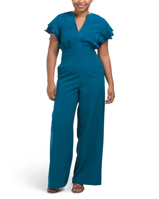 

Креповый комбинезон с развевающимися рукавами и V-образным вырезом Julia Jordan, цвет Teal