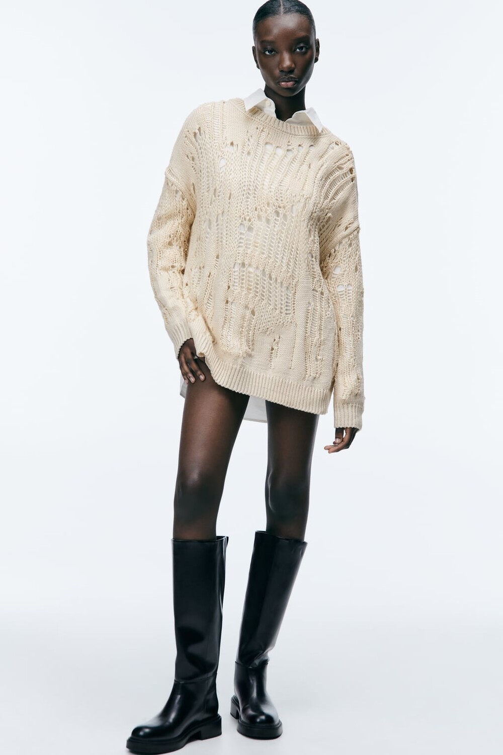 

Свитер открытого трикотажа оверсайз ZARA, экрю