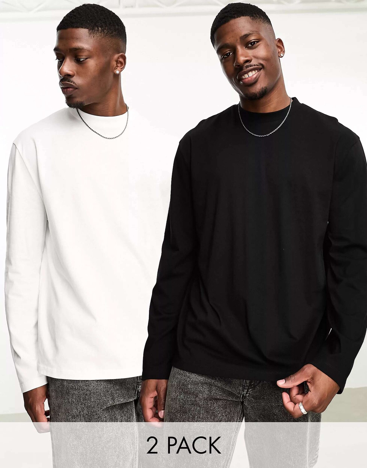 

2 пары белых и черных футболок свободного кроя с длинными рукавами ASOS, Черный