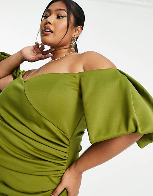 

Оливковое платье миди с открытыми плечами и открытыми плечами ASOS DESIGN Curve, Зеленый