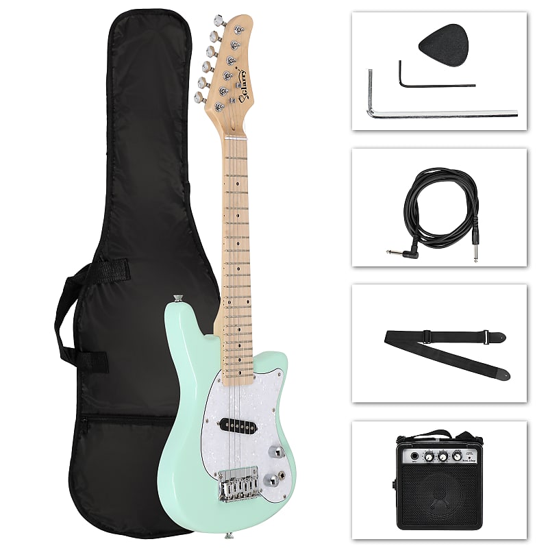 цена Электрогитара Glarry 30in Maple Fingerboard Mini Electric Guitar Kit with 5W Amplifier Bag String Shoulder Strap Plectrum Cord Wrench Tool 2020s - Light Green
