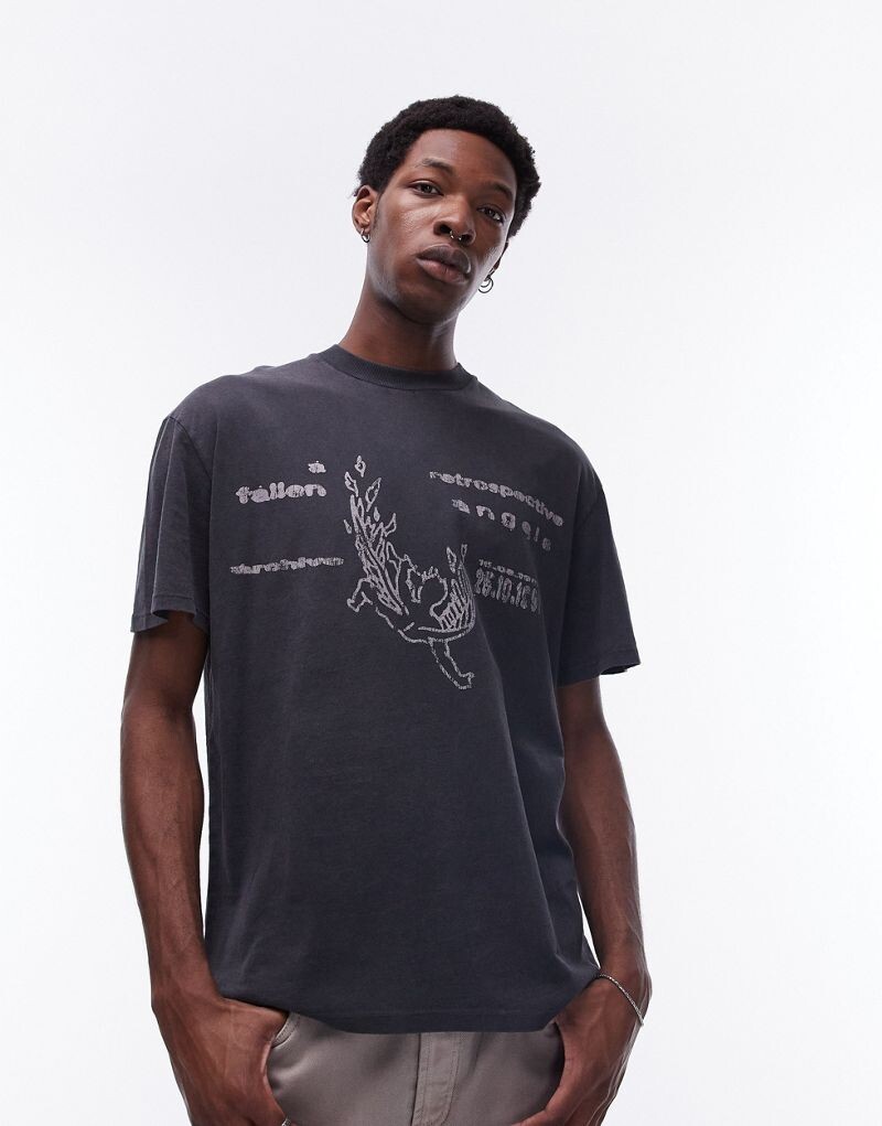 

Черная футболка оверсайз с принтом падших ангелов Topman
