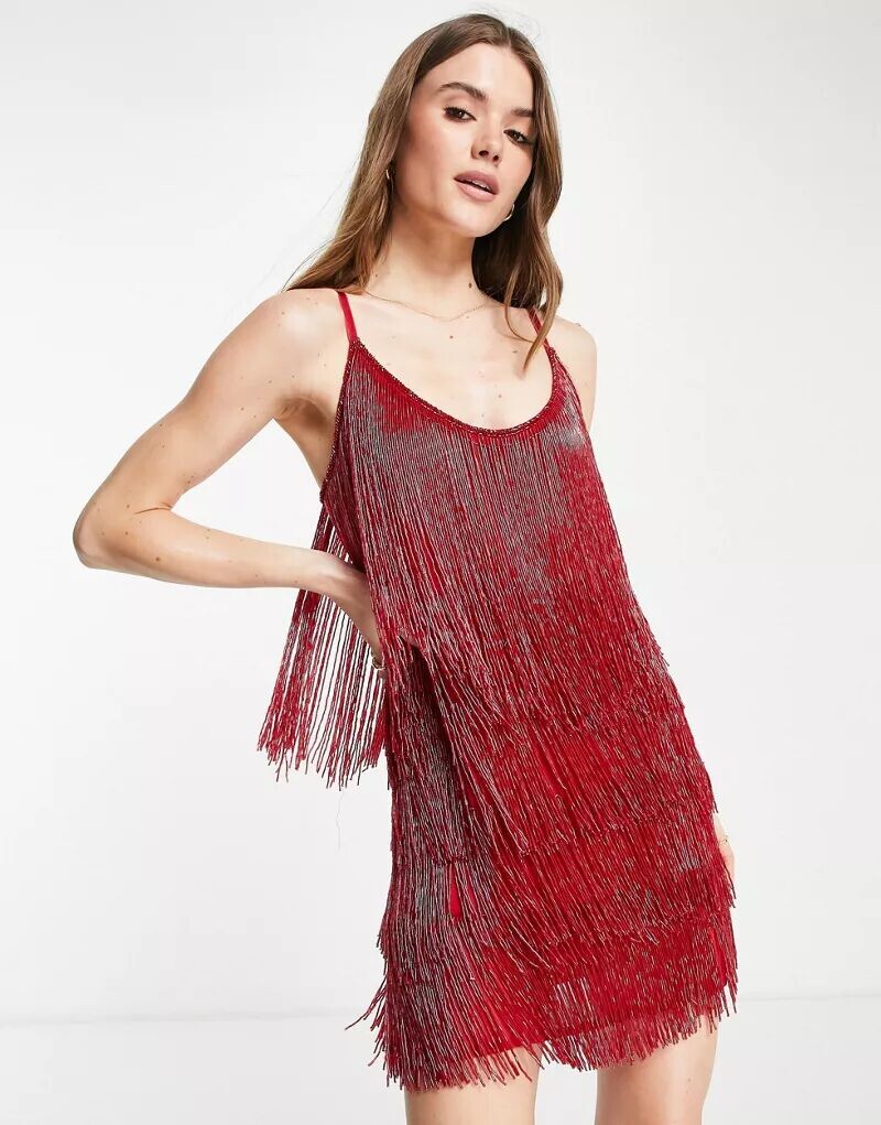

Красное платье мини с декорированной бахромой ASOS