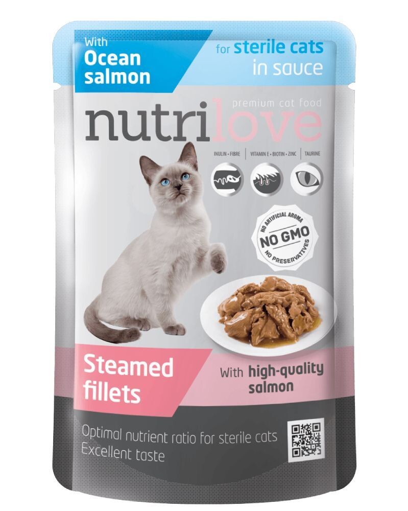 

Влажный корм для кошек Nutrilove Premium Sterile Fileciki z Łososiem w Sosie, 85 гр