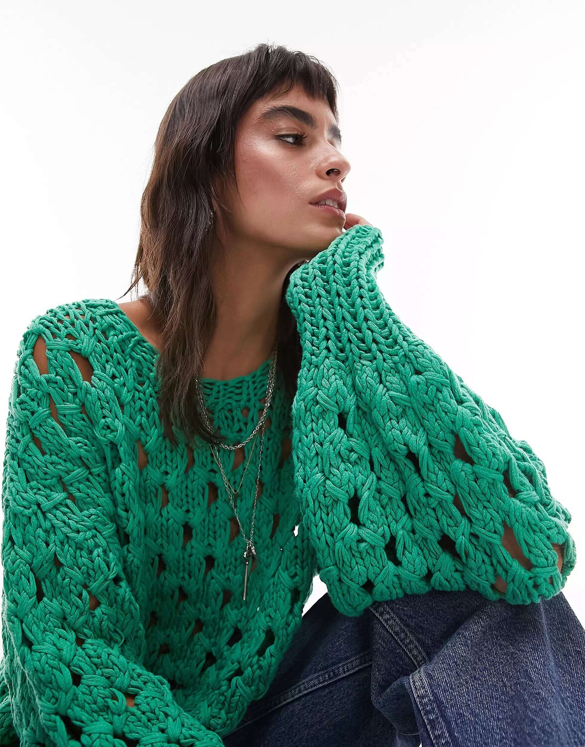 

Зеленый джемпер ручной вязки премиум-класса Topshop с открытой гладью