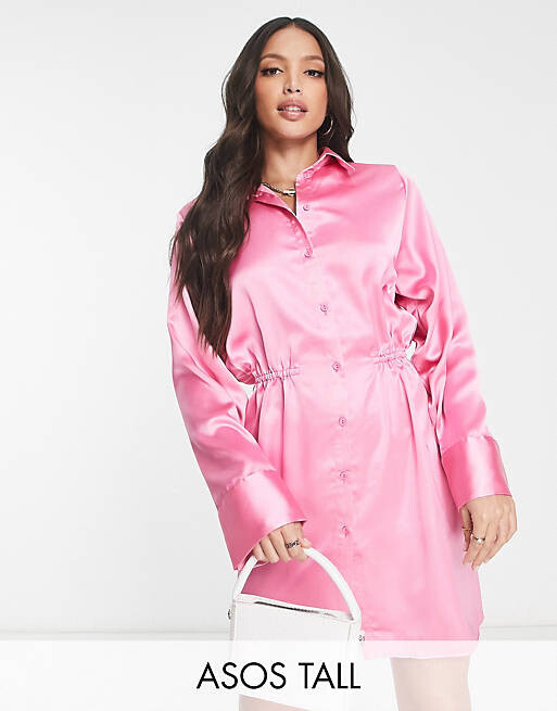 

Розовое атласное платье-рубашка мини со сборками на талии ASOS DESIGN Tall