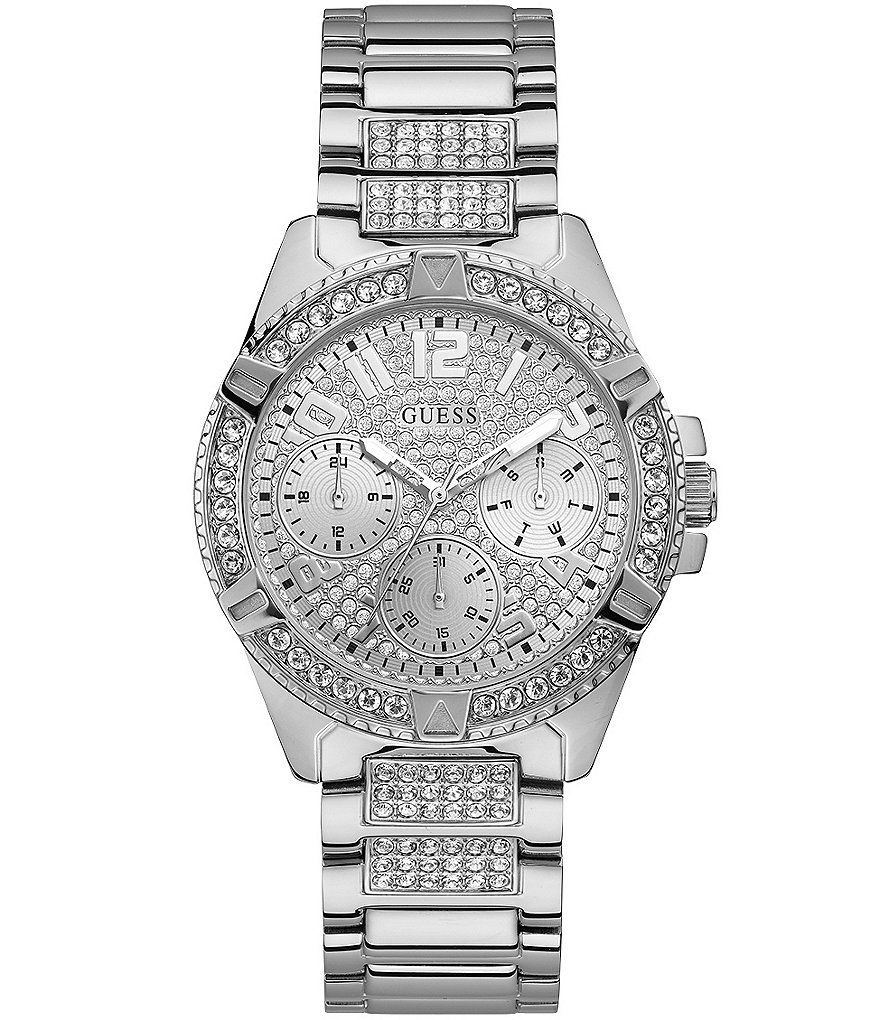 Женские серебряные многофункциональные часы Guess со стразами, серебро