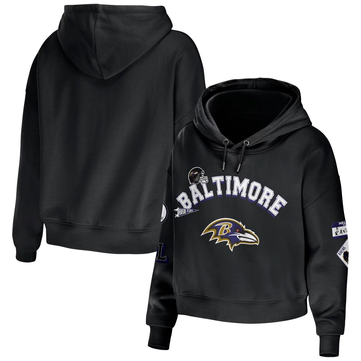 

Женская WEAR by Erin Andrews Черный скромный укороченный пуловер с капюшоном Baltimore Ravens