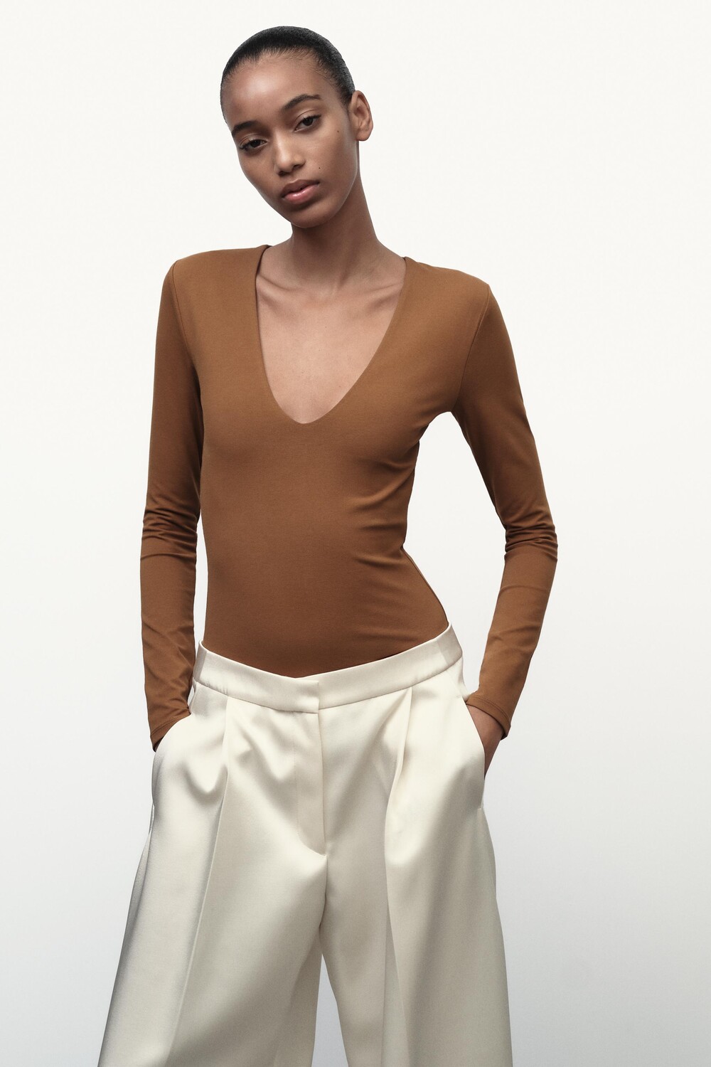 Боди из хлопка с длинными рукавами ZARA, охра
