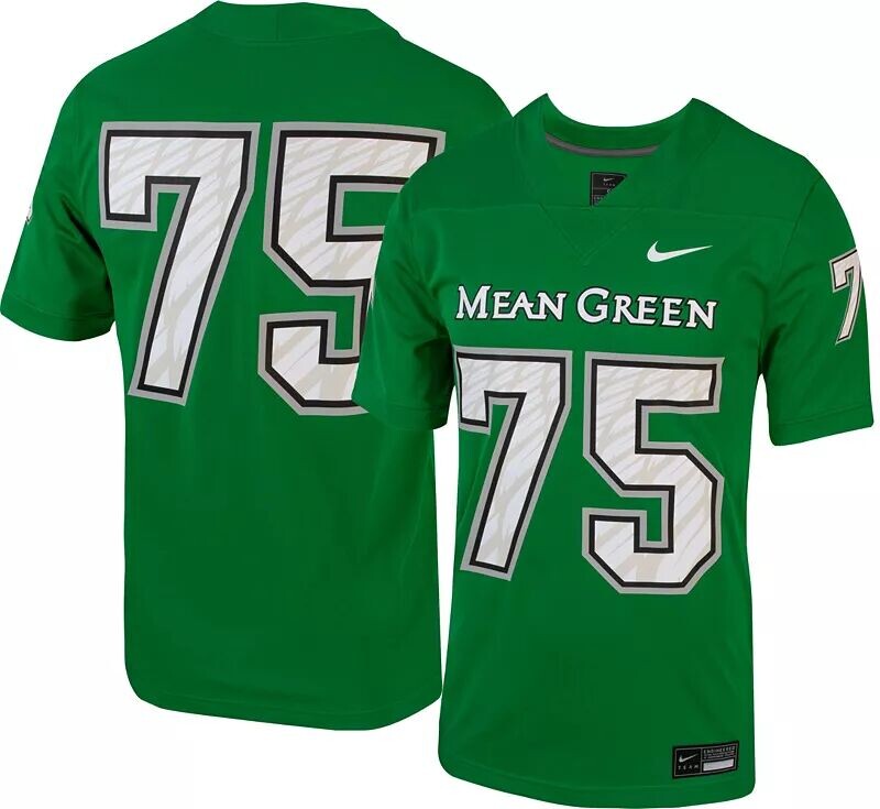 

Мужское футбольное джерси Nike North Texas Mean Green #75 зеленого цвета Неприкасаемый