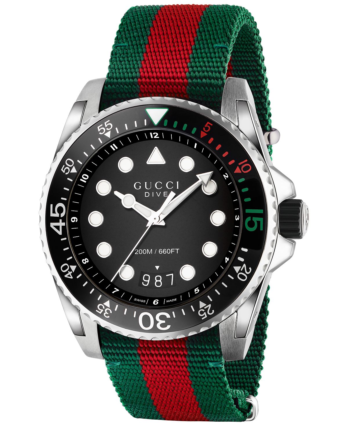 Часы Dive с зеленым и красным нейлоновым ремешком, 44 мм Gucci