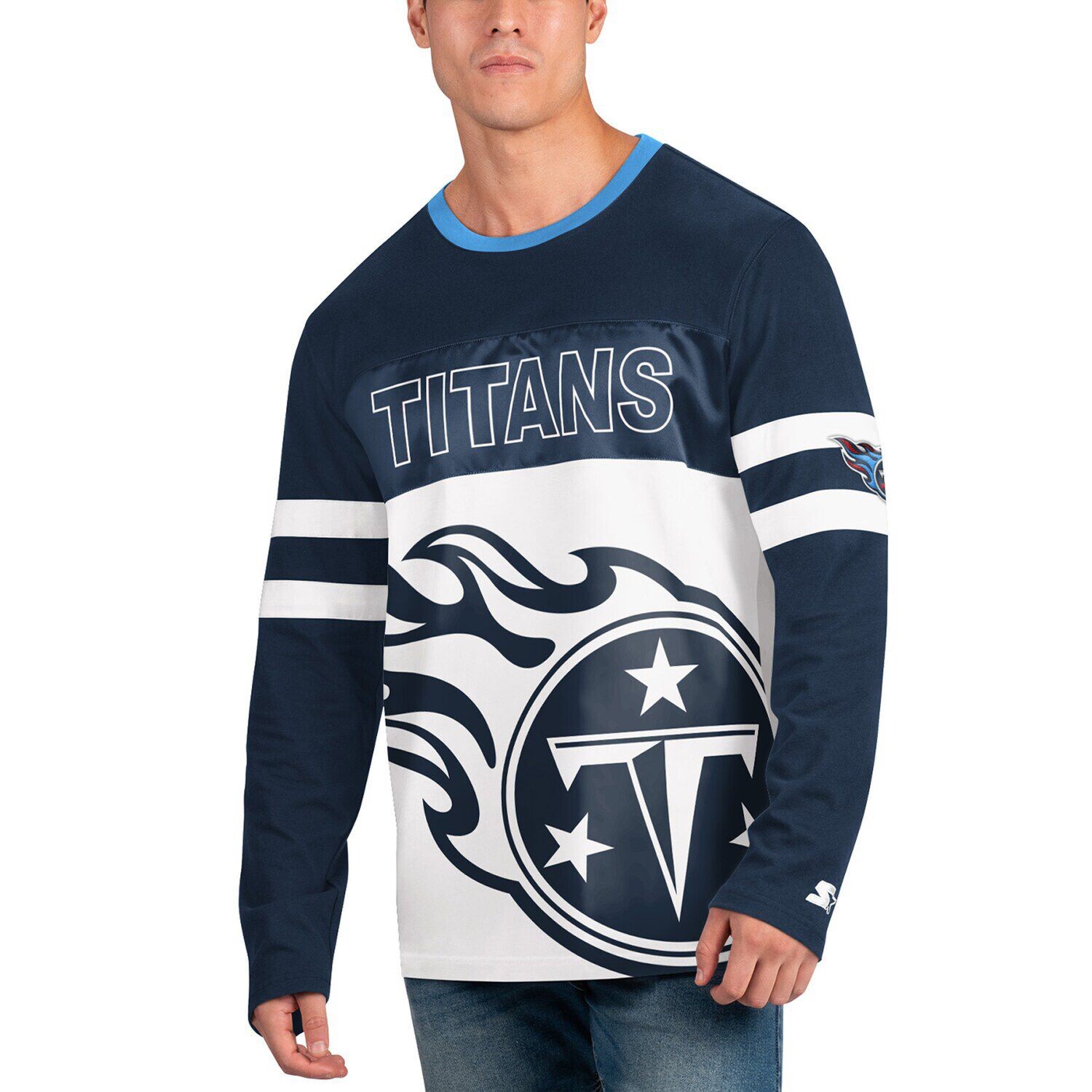 

Мужская стартовая темно-синяя/белая футболка Tennessee Titans с длинным рукавом в перерыве между таймами Starter, Синий