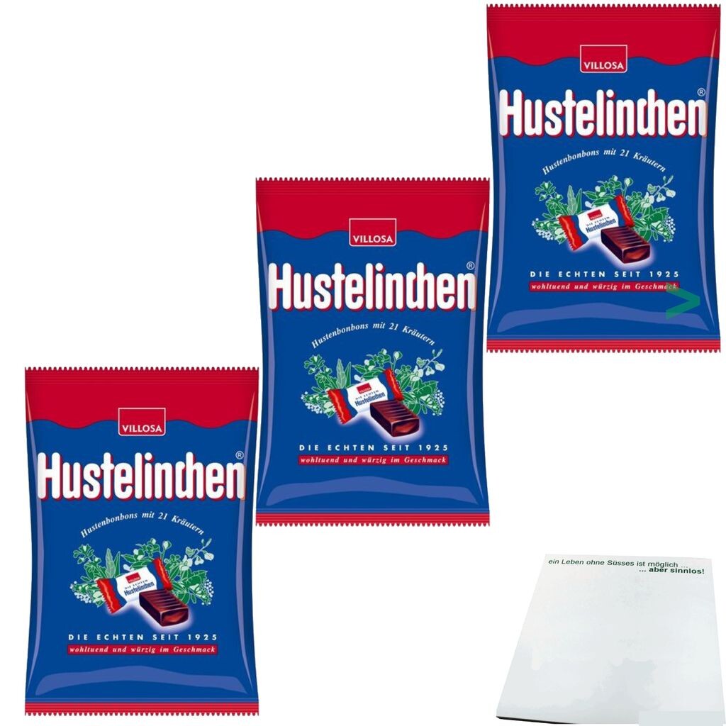 

Конфеты Villosa Hustelinchen травяные конфеты от кашля с лакрицей упаковка 3 шт. (3x150 г) + блок usy