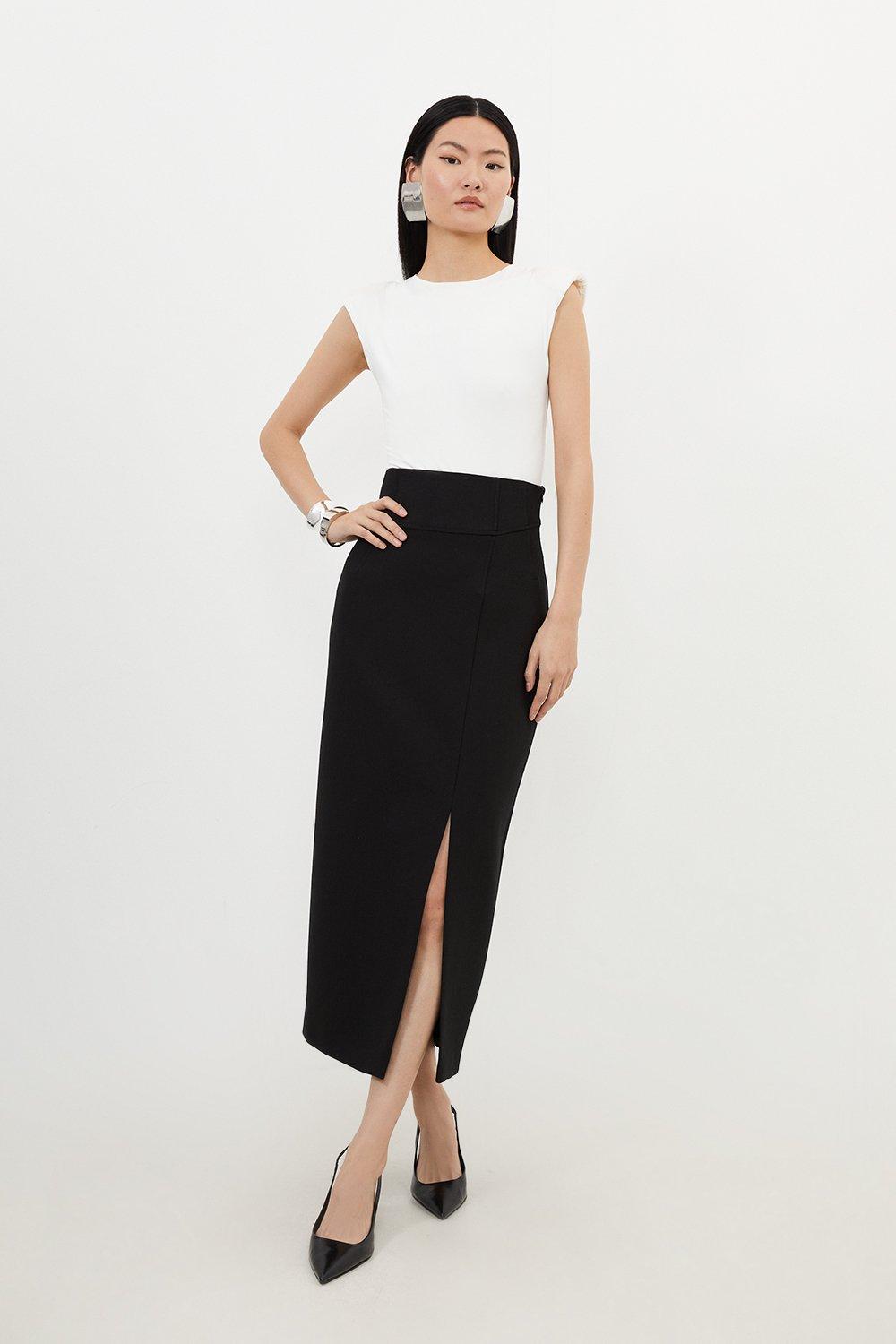 Компактная эластичная юбка-карандаш миди с боковым разрезом Karen Millen, черный простая юбка женская черная юбка миди с высокой талией и боковым разрезом модель 2021 года корейская мода эластичная облегающая юбка трапе