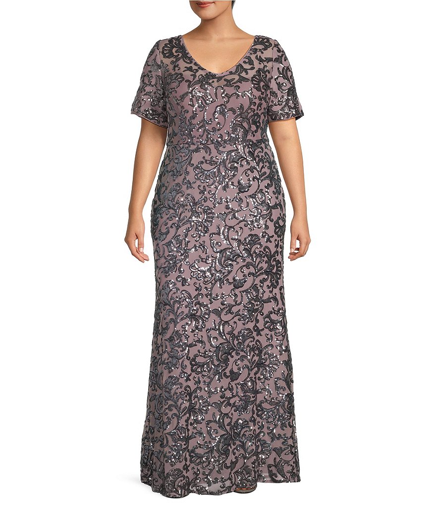 Alex Evenings Платье больших размеров с короткими рукавами и пайетками и v-образным вырезом, фиолетовый