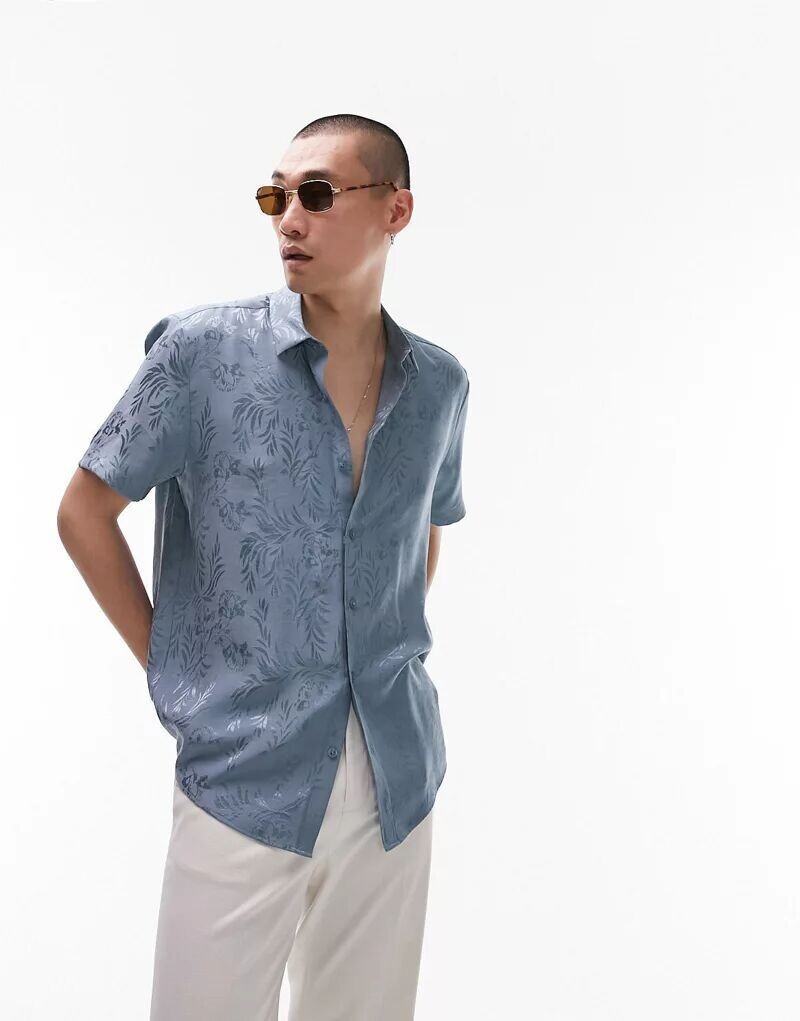 

Синяя жаккардовая рубашка классического кроя с короткими рукавами Topman с цветочным принтом