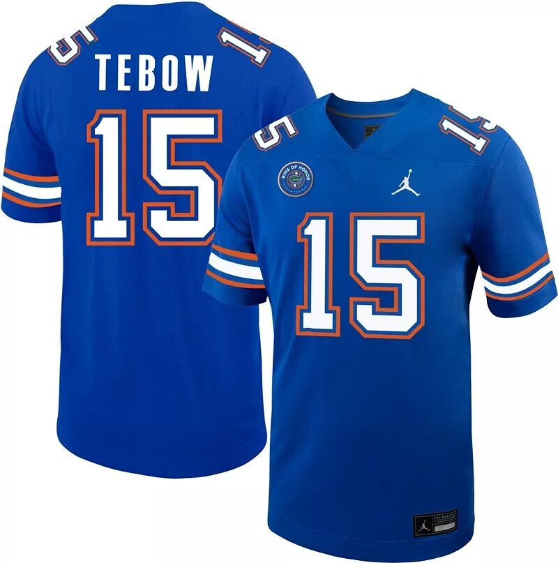 

Мужская футбольная майка Jordan Florida Gators Tim Tebow # 15, синяя реплика Ring Of Honor