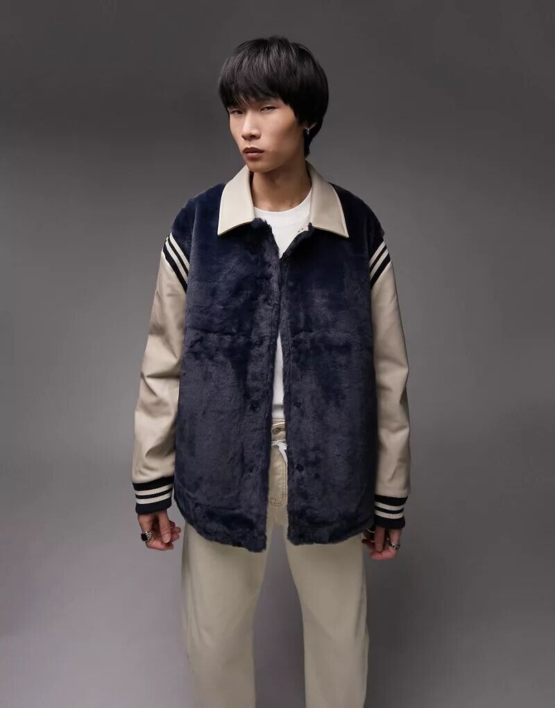 

Темно-синий пушистый университетский бомбер Topman