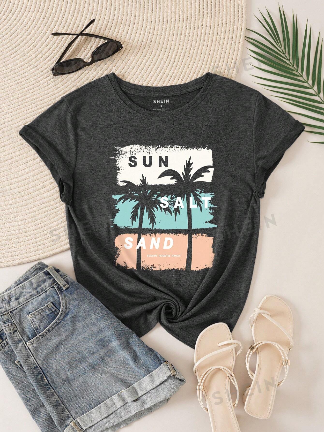 SHEIN LUNE Футболка контрастного цвета с принтом кокосовой пальмы и букв, темно-серый shein lune женская футболка с короткими рукавами темно серый