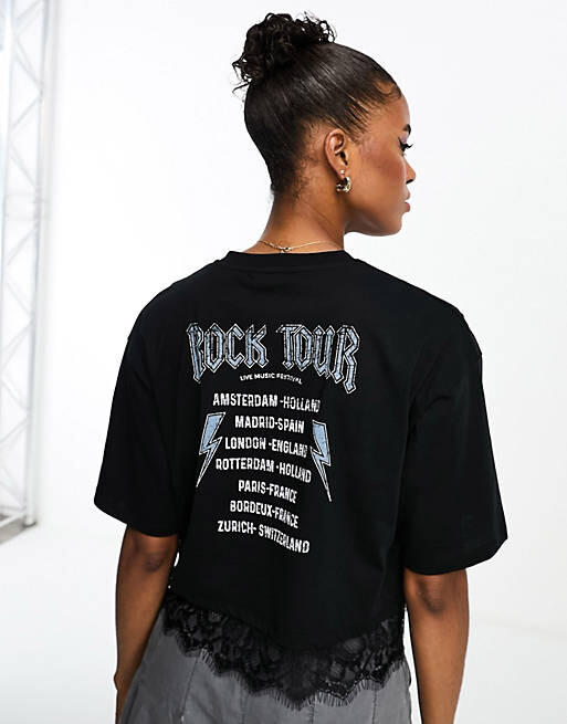 

Черная укороченная футболка с кружевным краем и изображением орла Miss Selfridge Festival, Черный