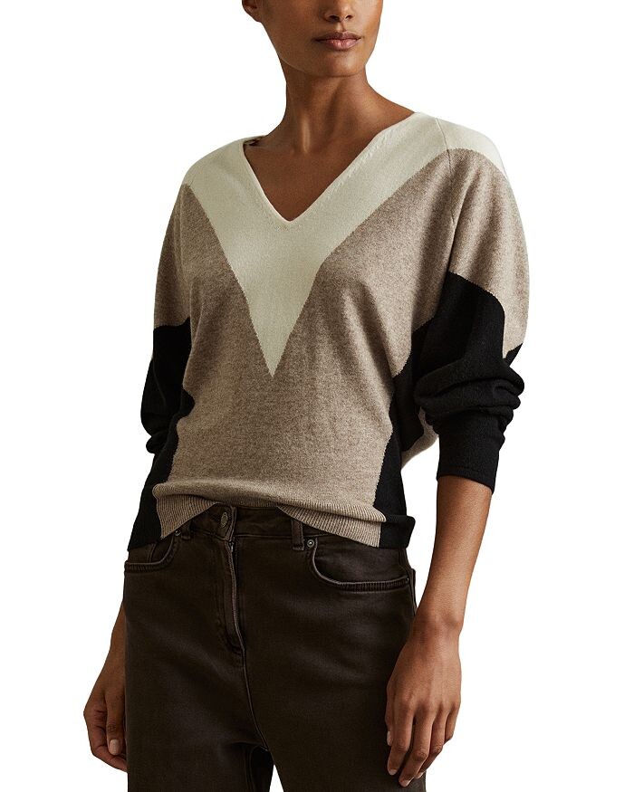 

REISS Esme Свитер с V-образным вырезом, коричневый/бежевый