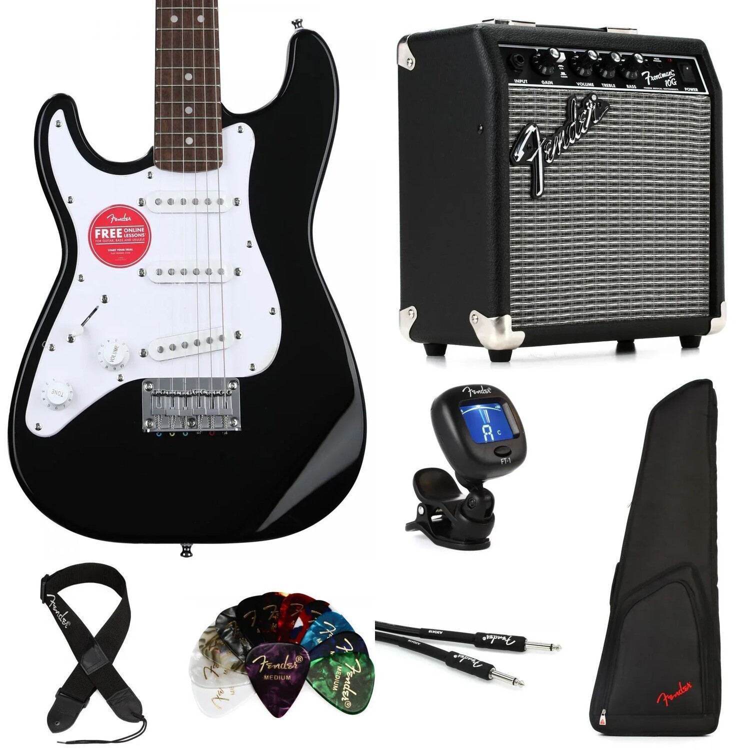 

Комплект электрогитары для левой руки Squier Mini Stratocaster и комплект предметов первой необходимости Fender Frontman на 10 ампер — черный