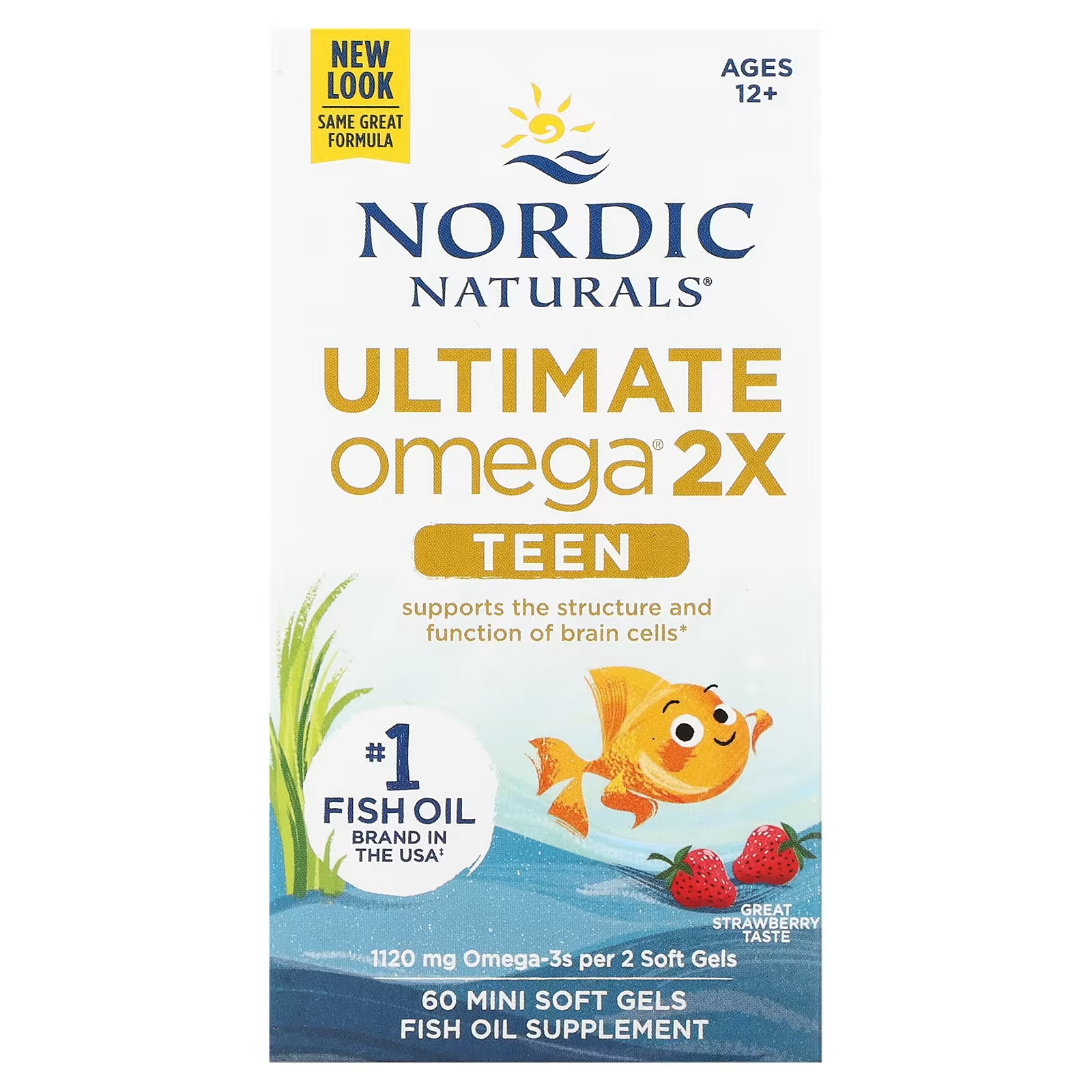 Nordic Naturals Teen Ultimate Omega 2X для детей от 12 лет с клубникой, 60 мягких мини-желатиновых капсул nordic naturals complete omega junior для детей от 6 лет и старше 180 мягких мини желатиновых капсул с лимоном