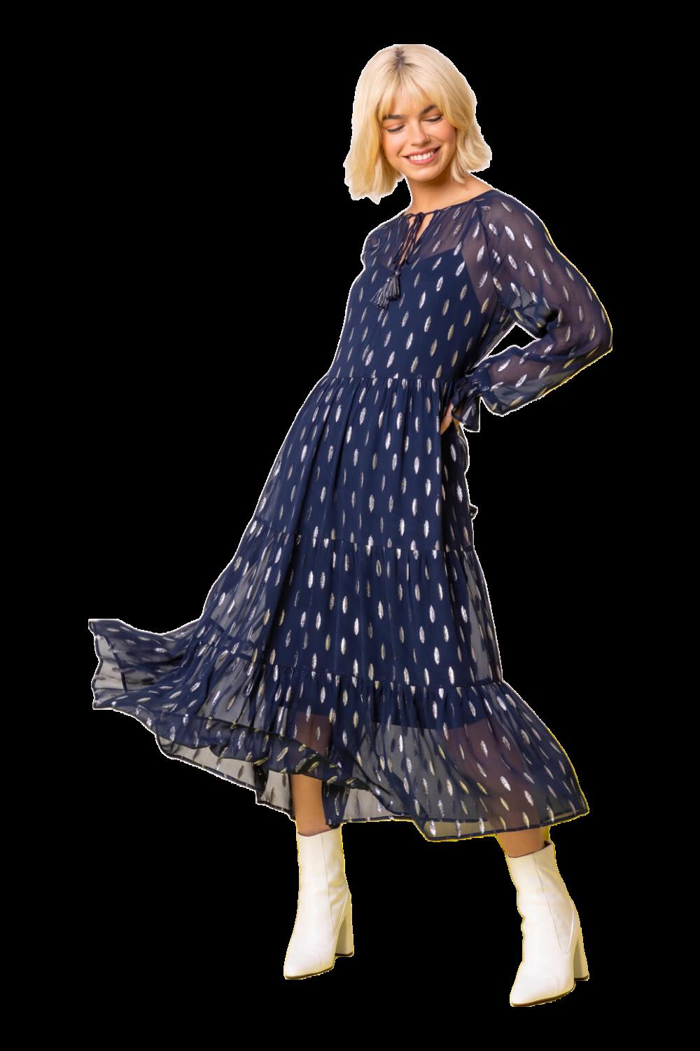 цена Многоярусное платье с блестящим принтом из фольги Dusk, синий