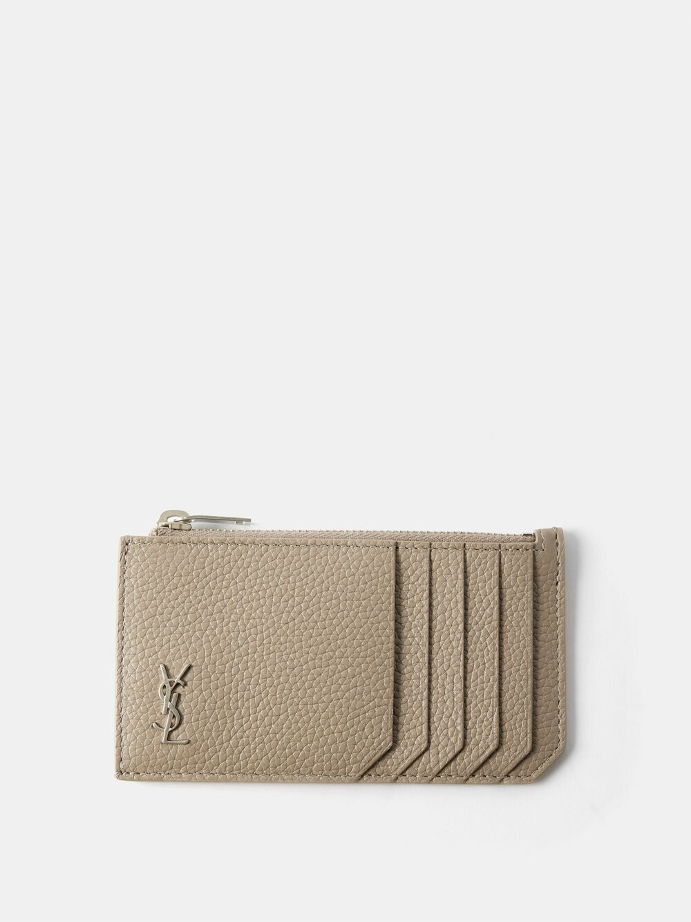 

Кожаный картхолдер на молнии с пластинкой ysl Saint Laurent, серый