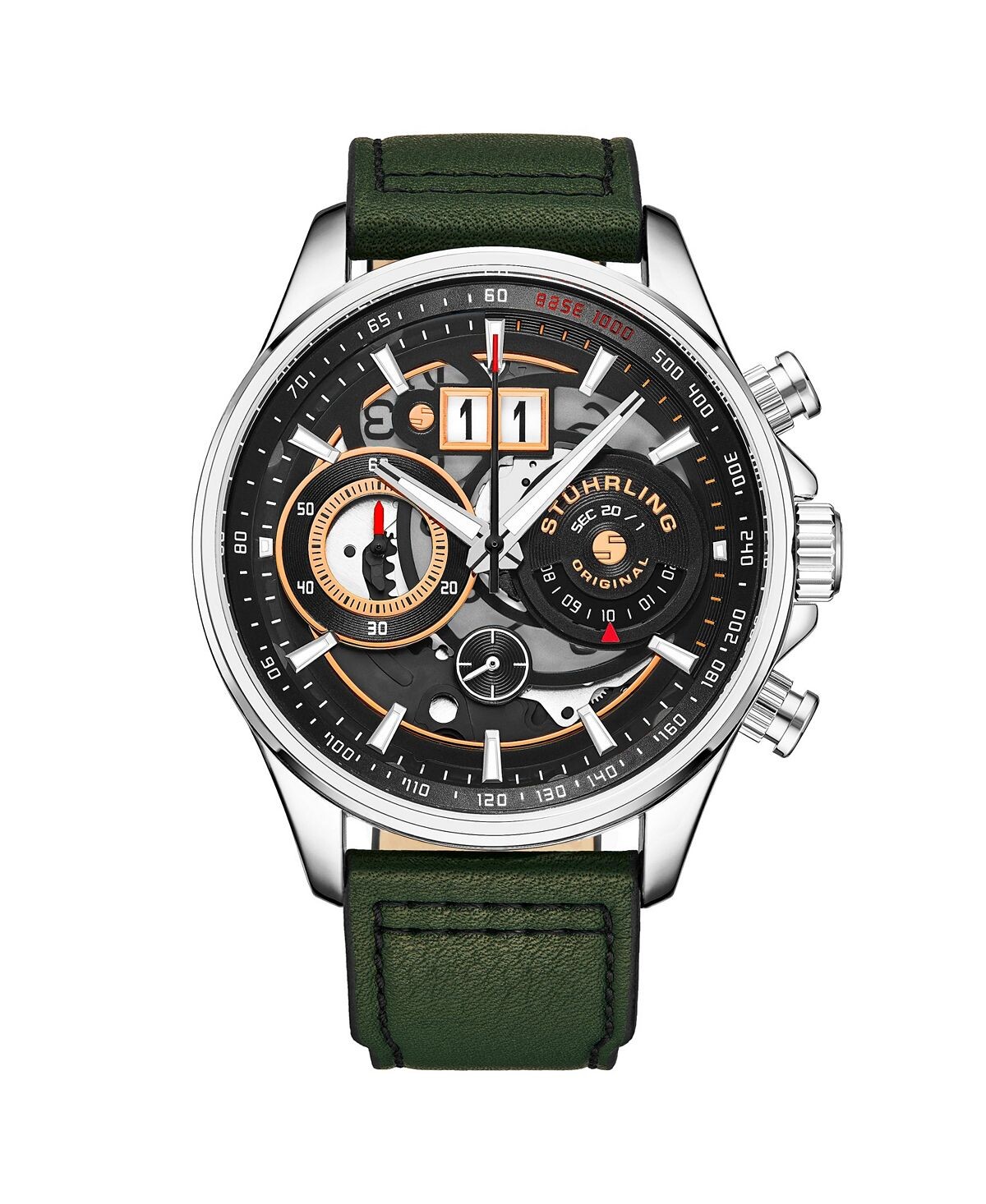 

Мужские часы Aviator, зеленая кожа, черный циферблат, круглые часы 45 мм Stuhrling