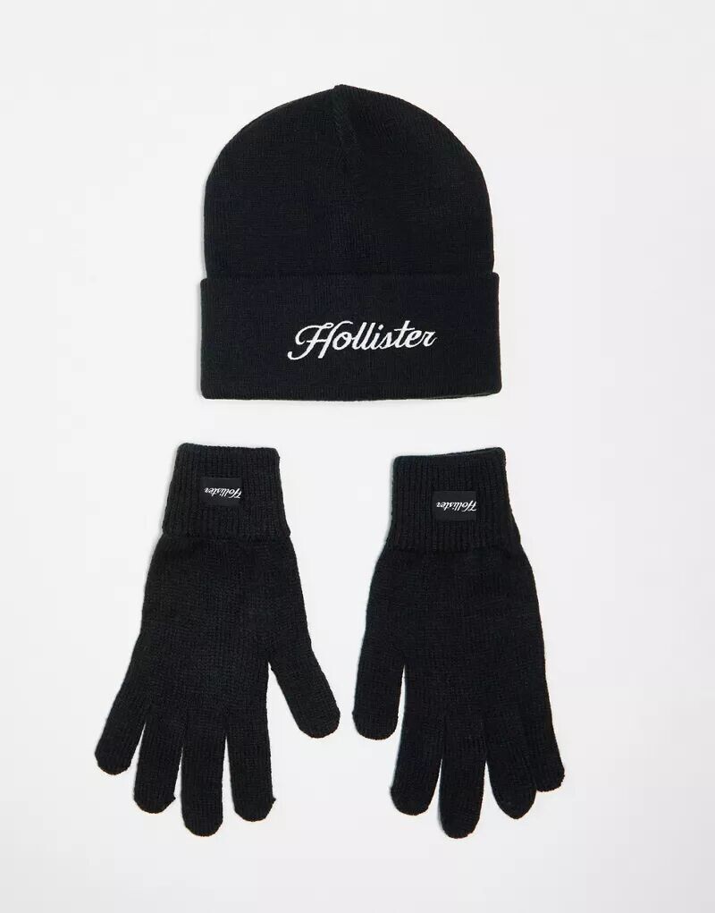 

Черная вязаная шапка и перчатки с логотипом Hollister