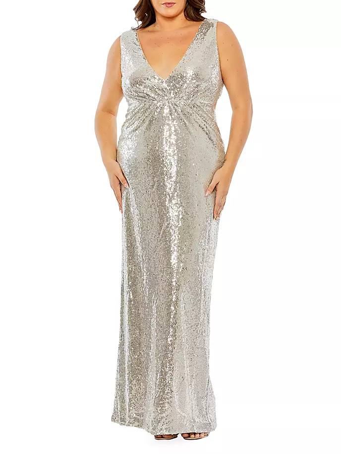 Платье с V-образным вырезом и вырезом на спине, расшитое пайетками Mac Duggal, цвет beige silver