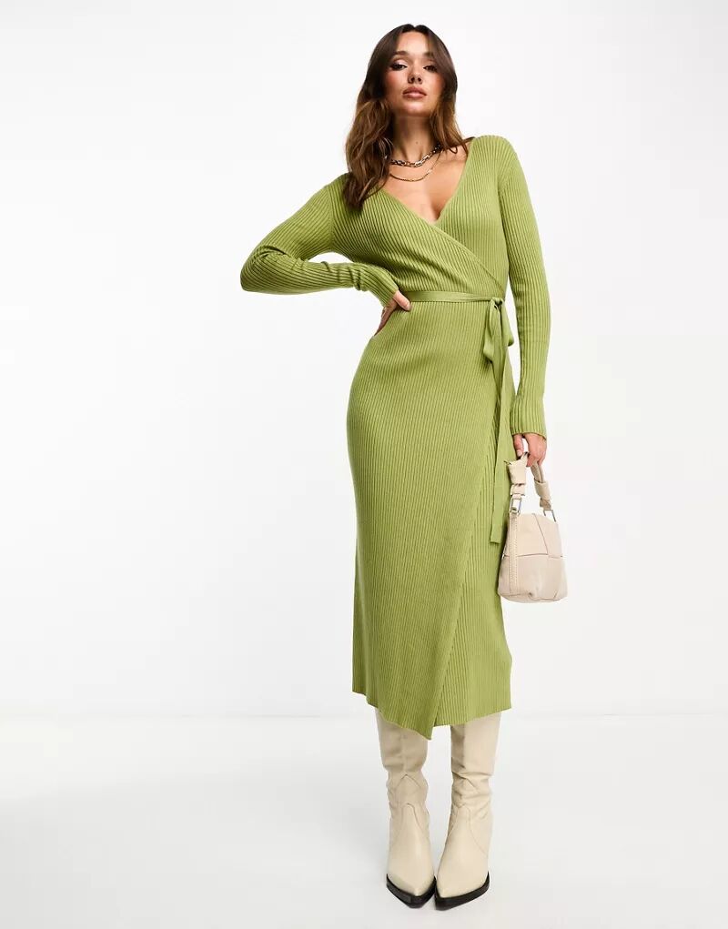 Оливково-зеленое трикотажное платье миди с завязкой на талии EDITED