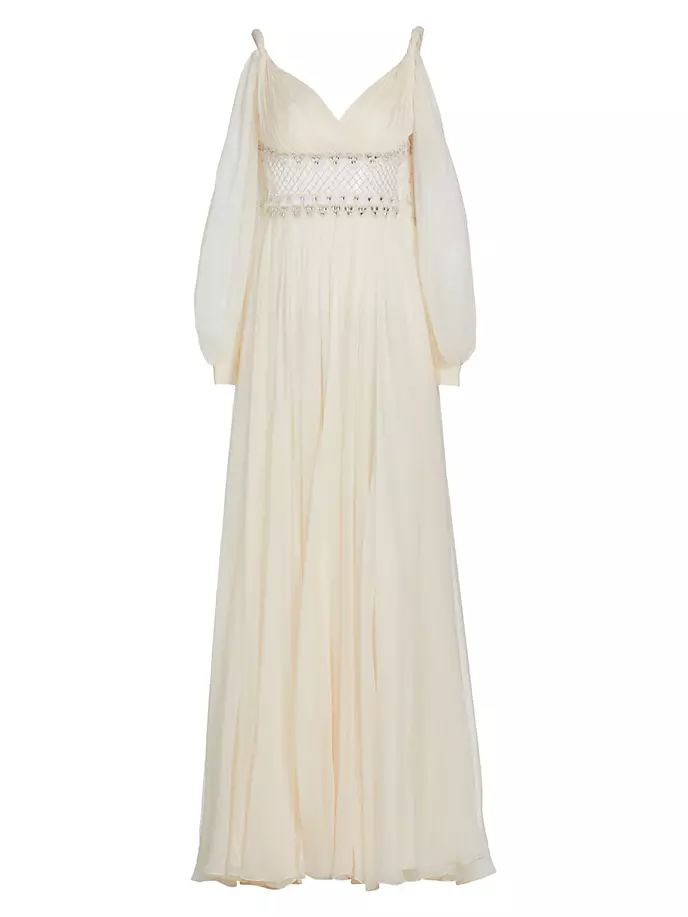 Расшитое бисером шелковое шифоновое платье с открытыми плечами Zuhair Murad, цвет jet stream