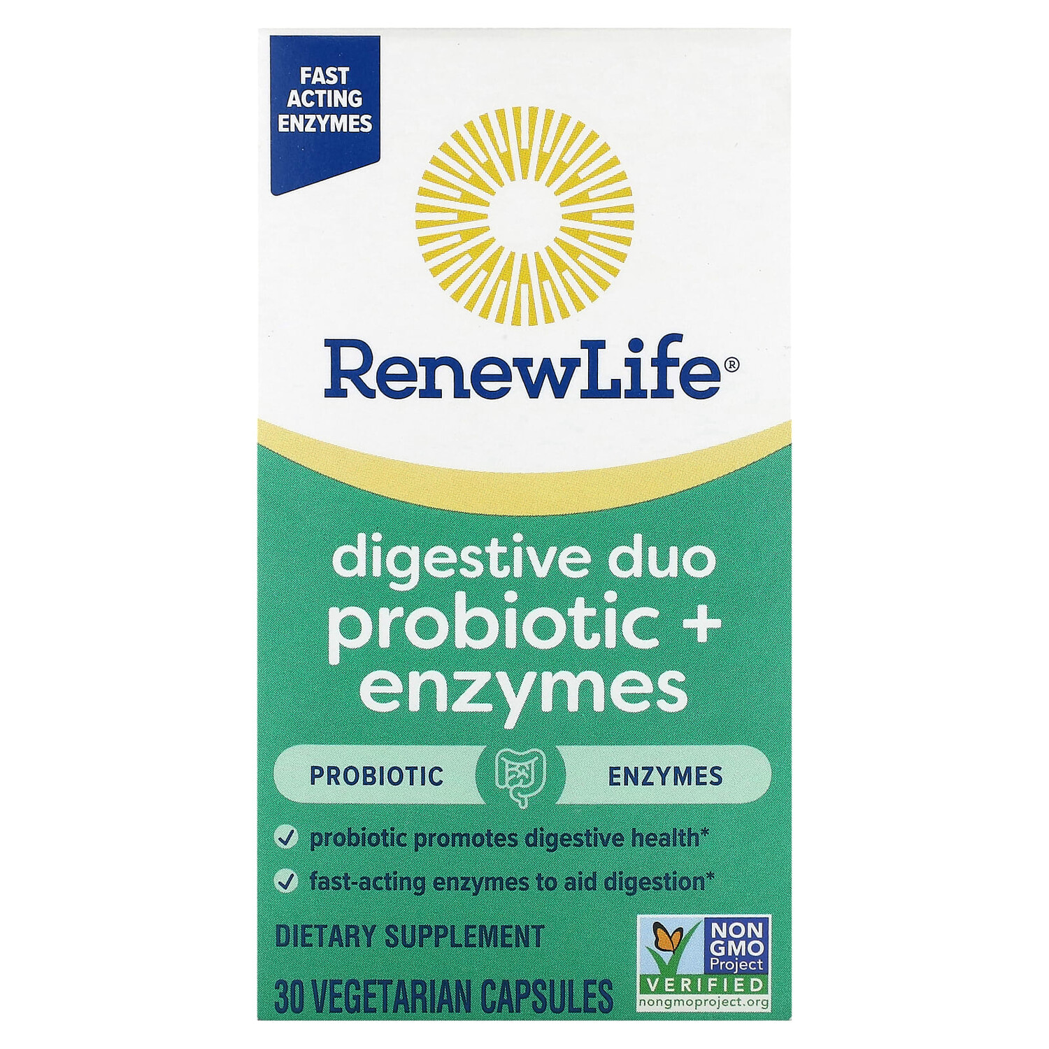 

Digestive Duo Probiotic + Enzymes, 30 вегетарианских капсул, Renew Life
