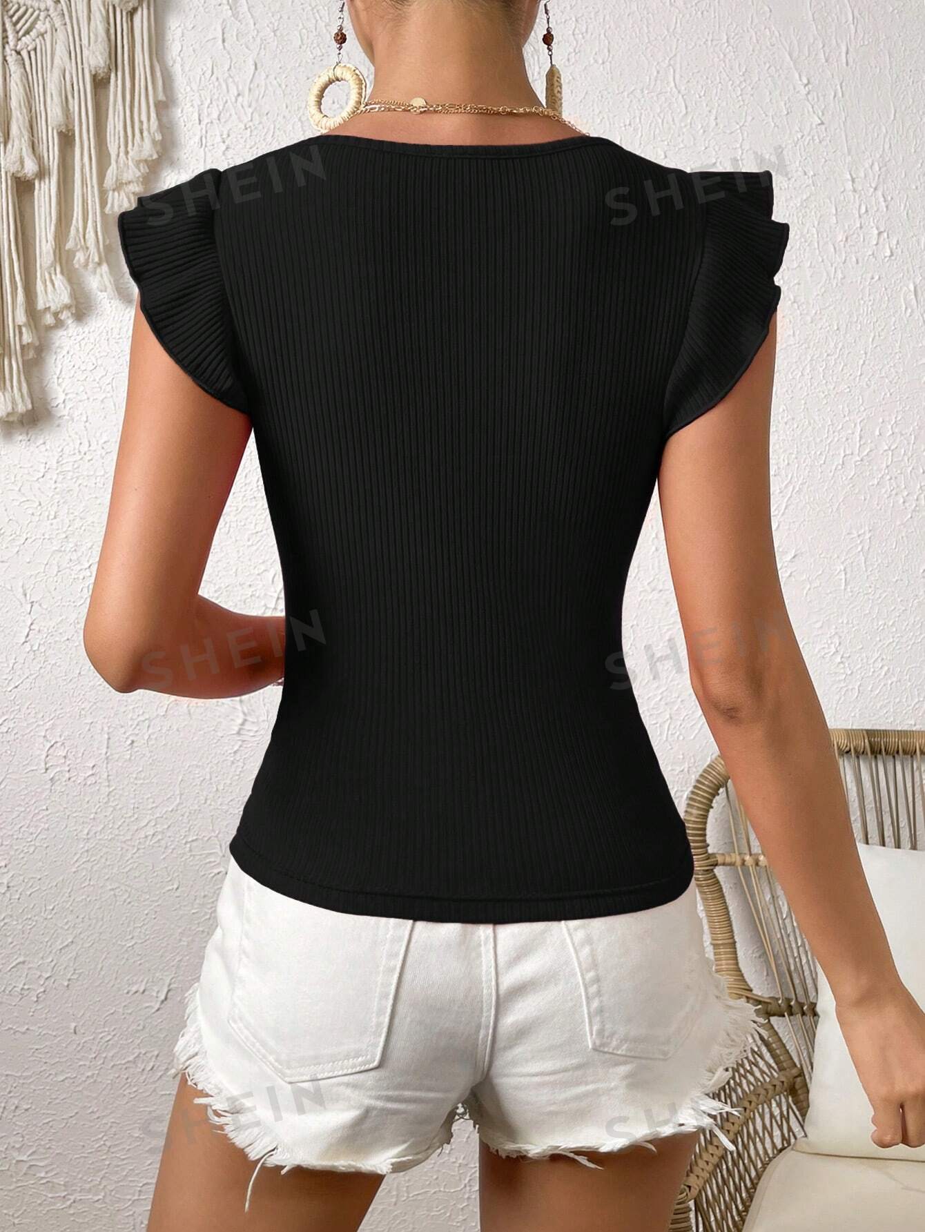 SHEIN VCAY однотонная трикотажная футболка в рубчик с летящими рукавами, черный черная футболка с вышивкой solid homme