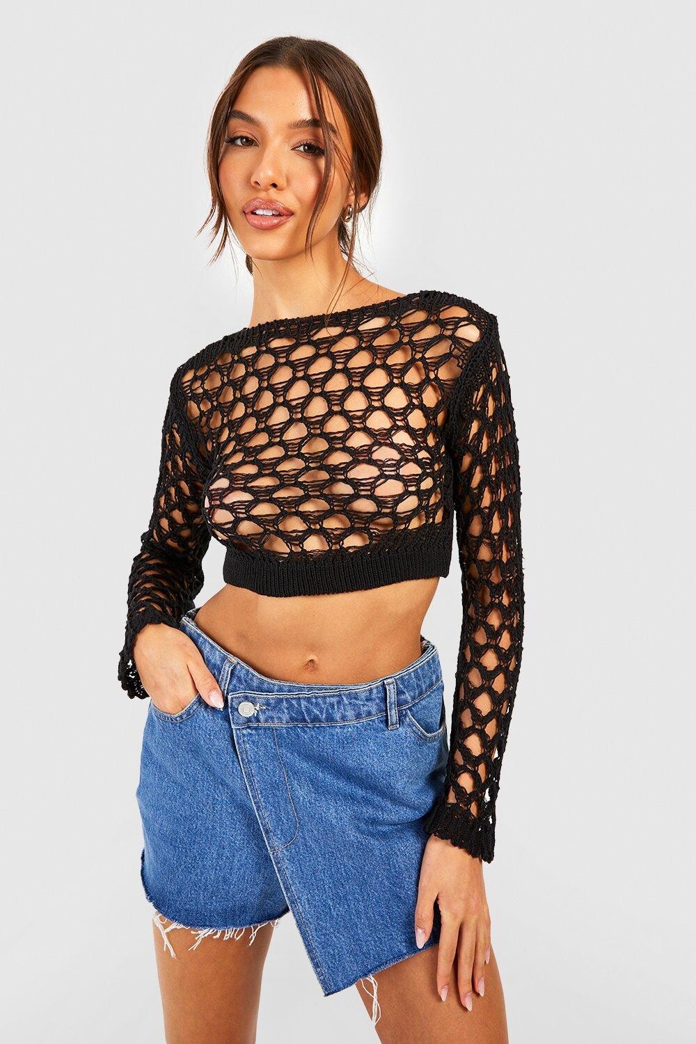

Топ с длинными рукавами, связанный крючком Boohoo, черный