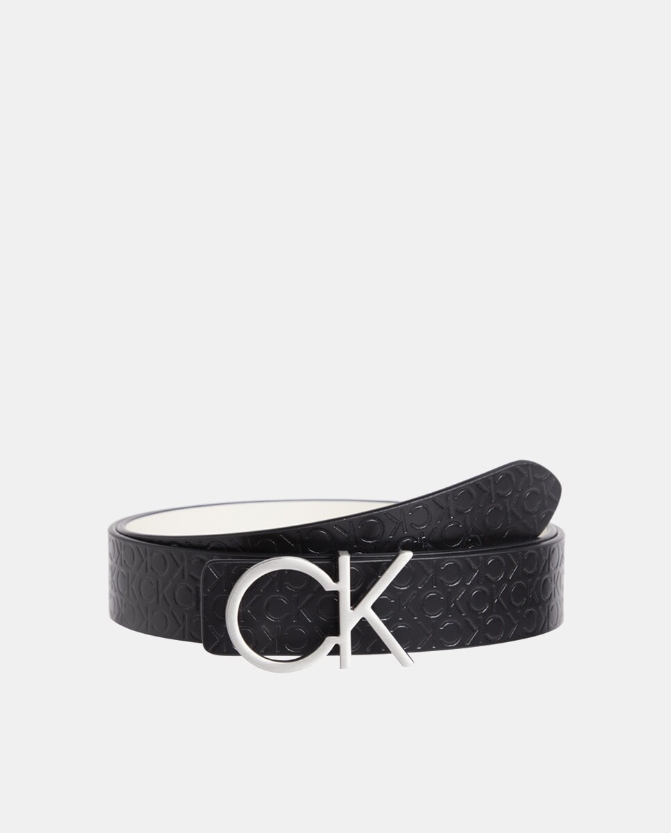 

Двусторонний черный кожаный ремень с логотипами и металлической пряжкой Calvin Klein, мультиколор