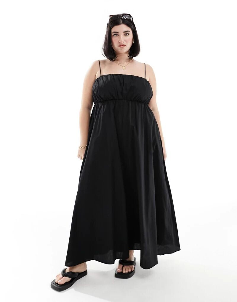 

Черный сарафан макси со сборками и регулируемыми бретелями ASOS DESIGN Curve