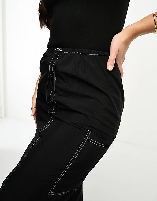 Черный жилет 2 в 1 в рубчик с круглым вырезом ASOS DESIGN Tall и юбка-карго миди черного цвета с контрастной строчкой