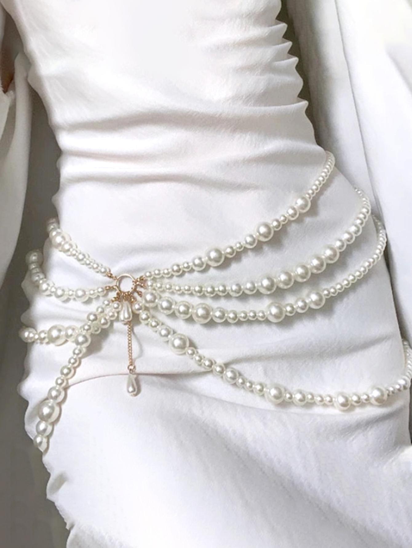 Элегантный винтажный пояс для платья с цепочкой на талии из искусственного жемчуга, белый