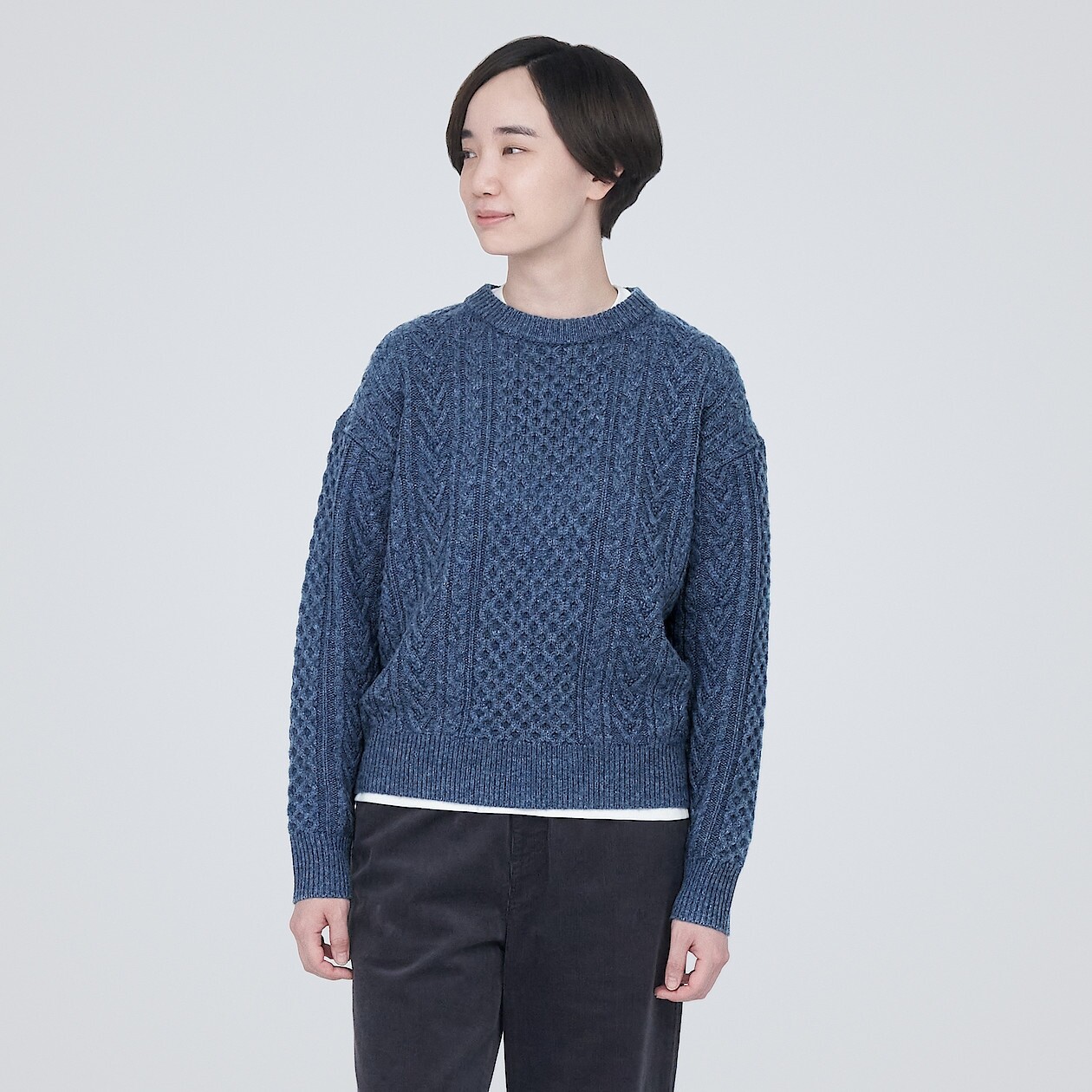 

Свитер с круглым вырезом и принтом кос из мериносовой шерсти MUJI, синий