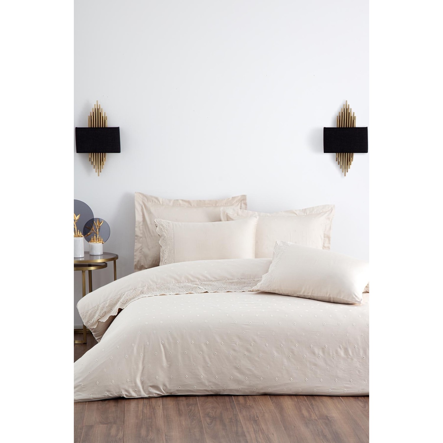 Экокотон Ahter King Size Комплект постельного белья из 100% органического хлопка, атлас с вышивкой, бежевый, 240X220 см