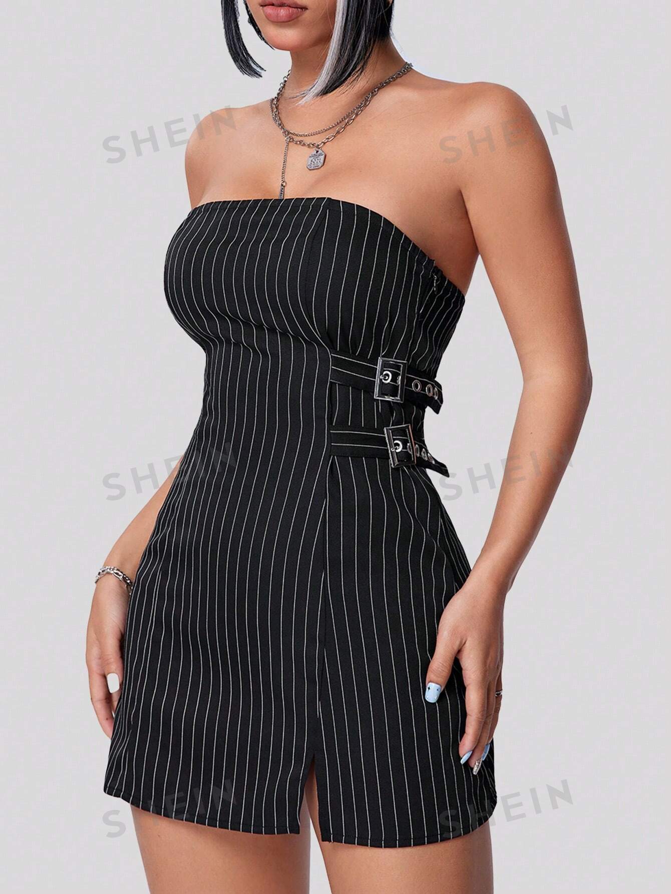 SHEIN Coolane Полосатое платье без бретелек с металлизированной пряжкой, черный