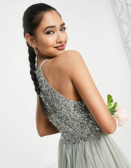 

Платье миди из тюля Maya Bridesmaid с изящными пайетками в тон шалфейного цвета