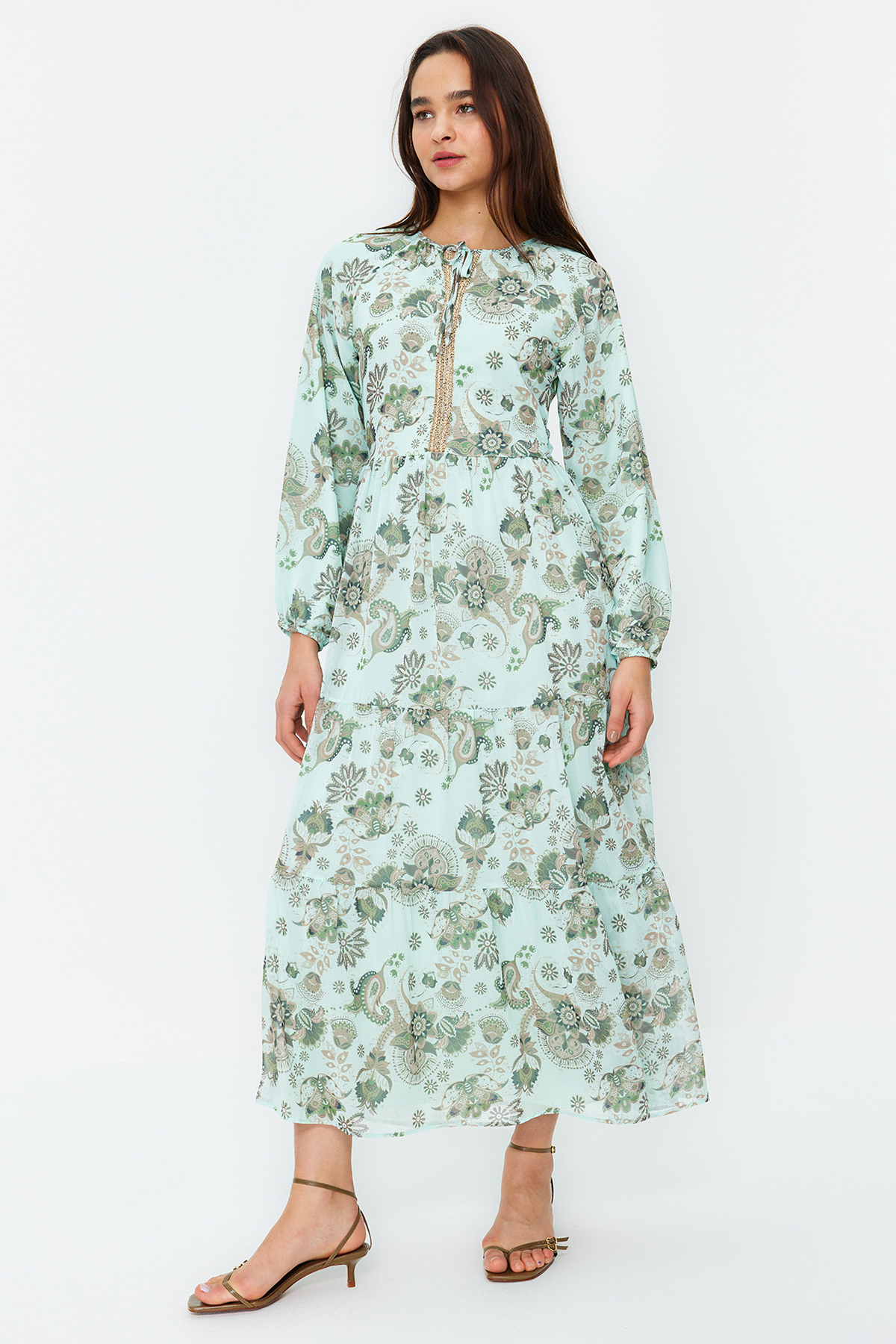 Шифоновое платье с цветочным принтом на тканой подкладке цвета зеленого золота Trendyol Modest, зеленый