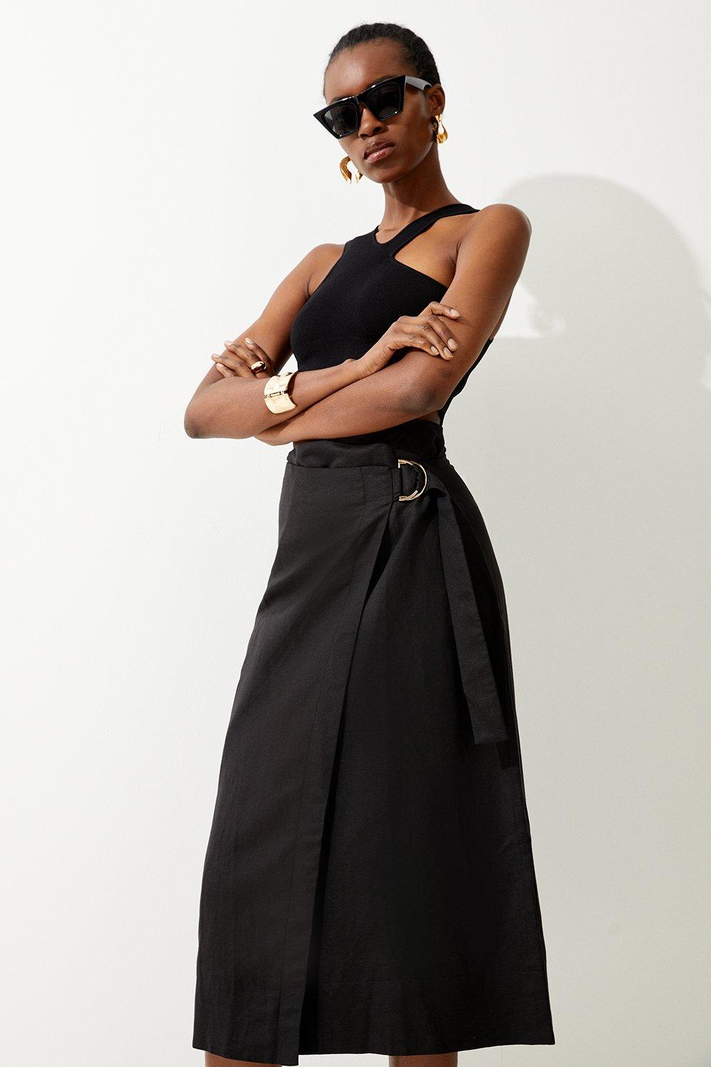 Асимметричная миди-юбка из вискозного льна Karen Millen, черный